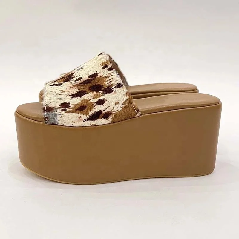 Thick platform zebra pattern horse hair women slides slippers leather sandals