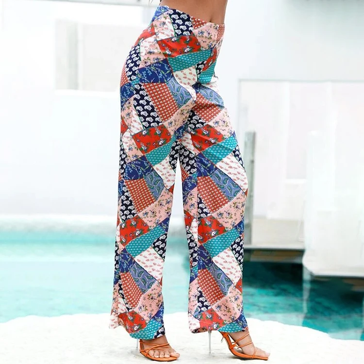100% Polyester Zipper Fly High Waist Pants Boho Loose Zipper Holiday Bohemian Trousers Patchwork Print Wide Leg Pants