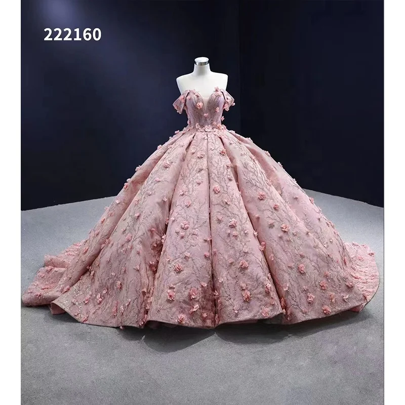 Custom Arabic Dubai Abaya Kaftan Style 3D Flower Pink Prom Dresses Teen Off Shoulder Tulle Ball Gowns for Women Evening Dresses