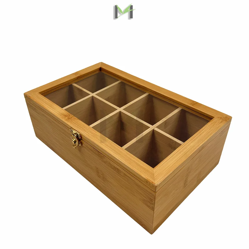 Adjustable 8 Compartments Bamboo Tea Box with Lock, Natural Bamboo Tea Box Storage Organizer for Organizing and Displaying Teas