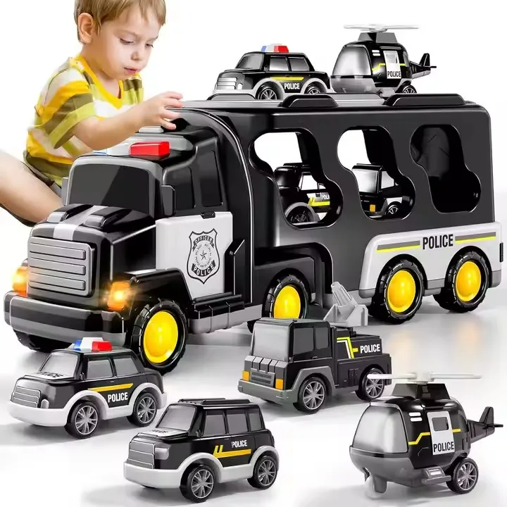 QW Hot Selling New Products in Stock Wholesale Boy Toys Black Inertia Lighting Music Transport Vehicle with Four Small Cars