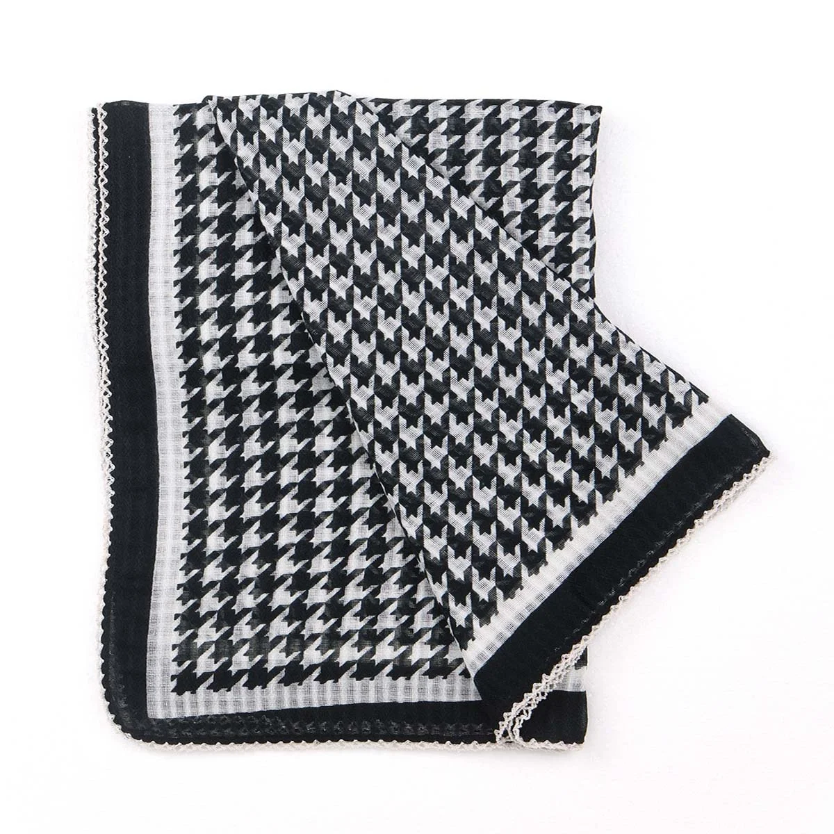 Custom classic design satin houndstooth swallow gird thin lace edge silk square wave lightweight scarf polyester female shawls