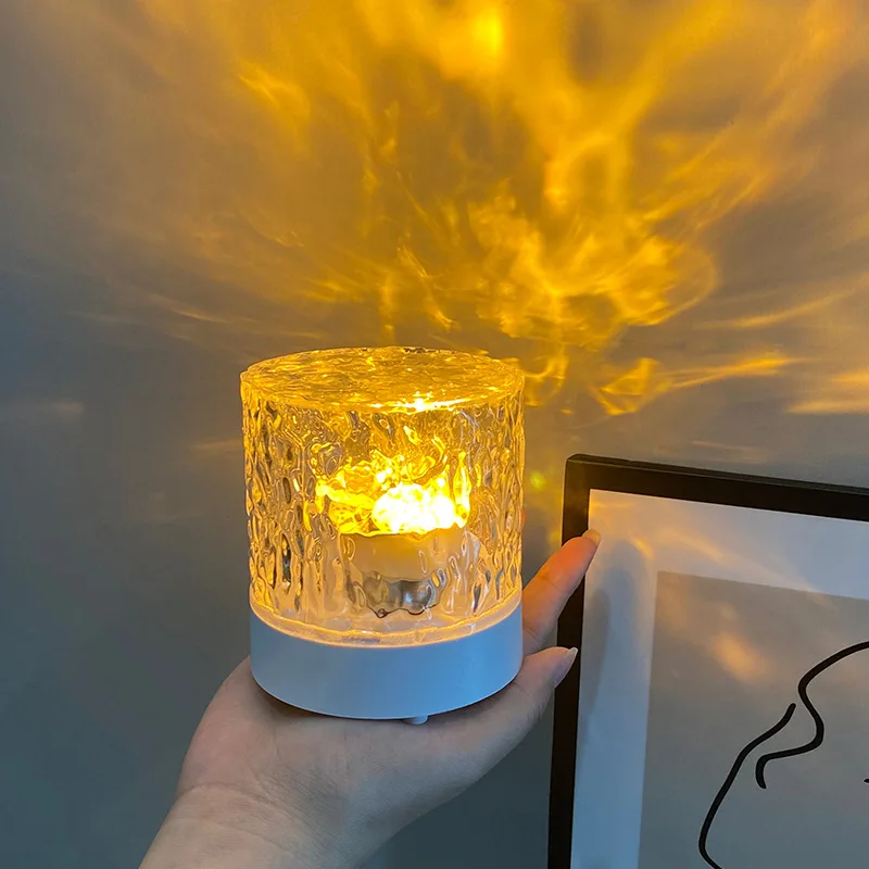 RGB Dimmable Crystal Table Lamp USB Rotating Projection LED Water Ripple Ambiance Night Light for Bedroom Bedside Game Room Gift