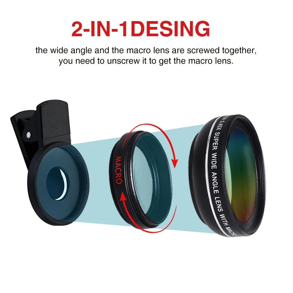 LIGINN 2021  amazon top seller 2 in 1 clip on lens kit 0.45X super wide angle lens 12.5X macro lens for android smartphone