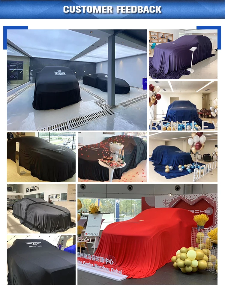 Factory wholesale dustproof breathable super soft customized size logo smooth fabric silk stretch car exhibition reveal cover