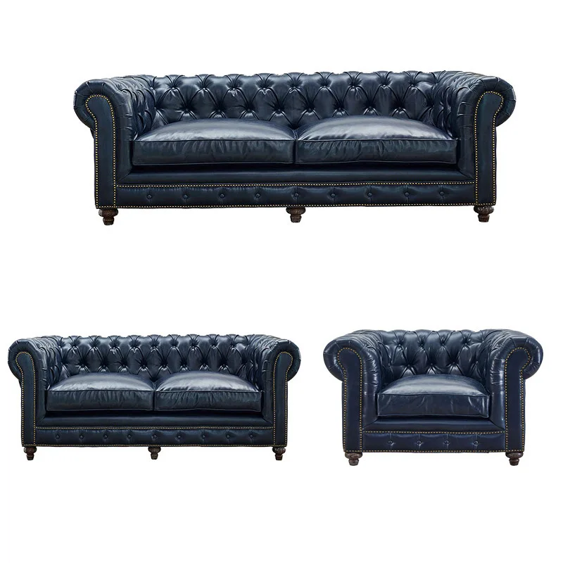 American style vintage 3 piece sofa set luxury classic chesterfield love seat blue genuine leather couch set living room sofa