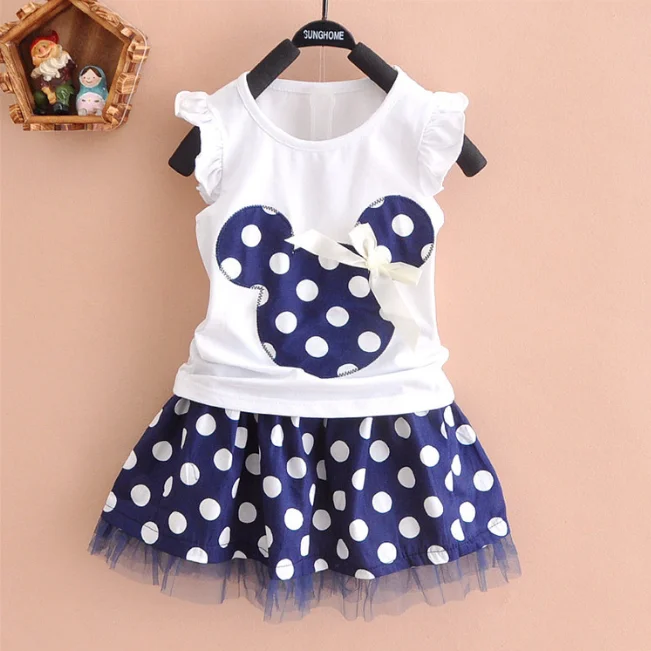 Girls Lovely Style Cartoon Fly Sleeve Top Polka Dot Mesh Skirt Summer Set