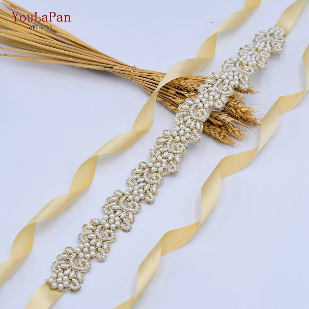 YouLaPan S412 Handmade Full Pearl Ribbon Belt Wedding Dress Stage Show Gown Waist Decoration Bridal Long Belt Sash