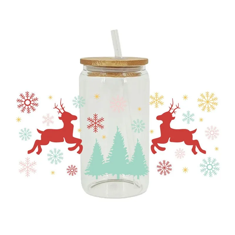DIY Waterproof Custom Decals For The 16oz Libbey Glasses Wraps Bottles Cup Can UV DTF Transfer Sticker Christmas trees