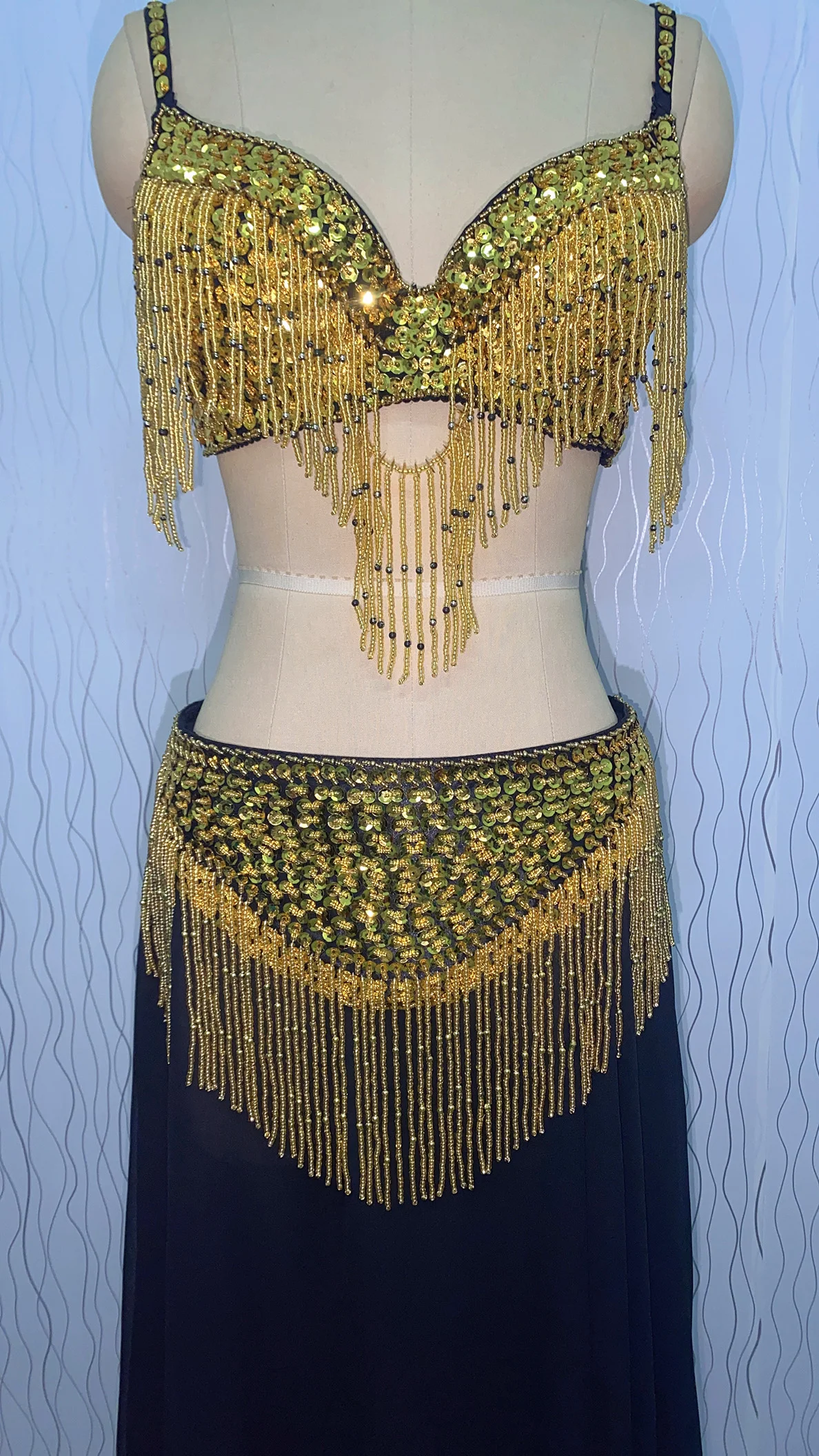High quality beaded fringe bra& belt outfit set for belly dance performance