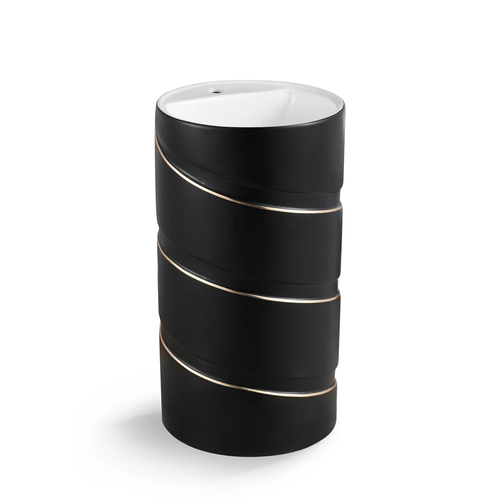 Unique Design Freestanding Spiral Round Cylinder One Piece Bathroom Ceramic Pedestal Wash Basin Sink