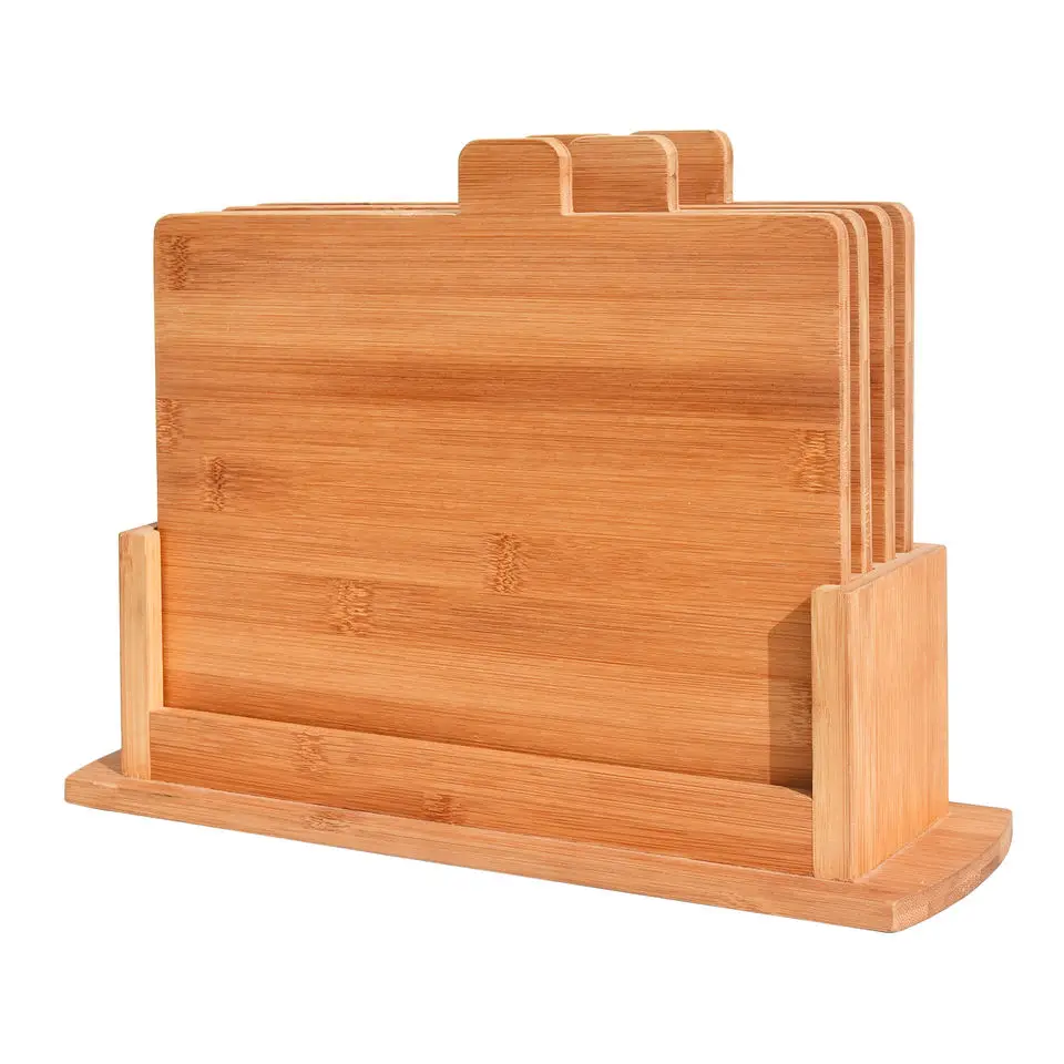 5 In 1 Bamboo Cutting Chopping Board Set With Stand Acacia Wood Food Sign Labels Meat Fish Bread Vegetable