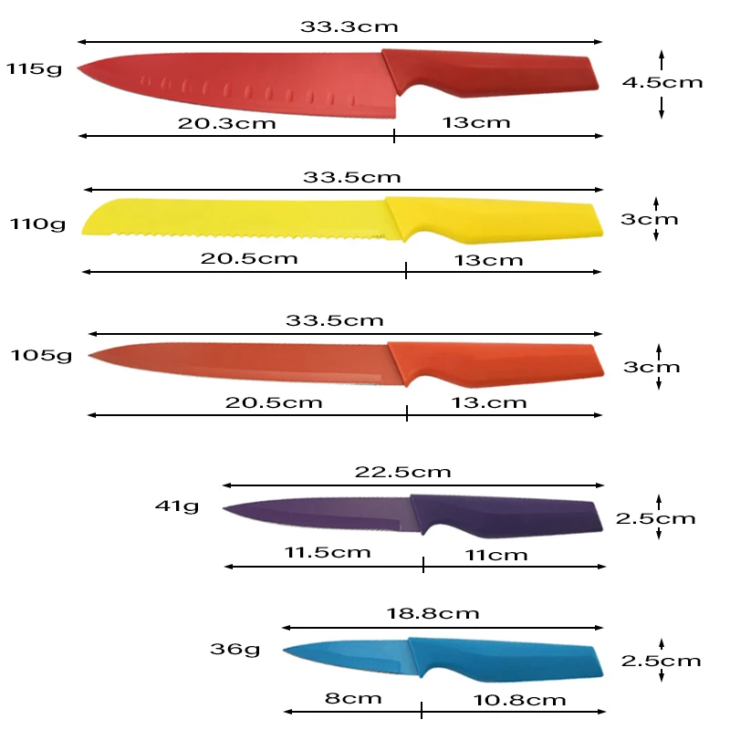 Royal stainless steel non stick coating 8 pcs color swiss line chef knife set with colored handle