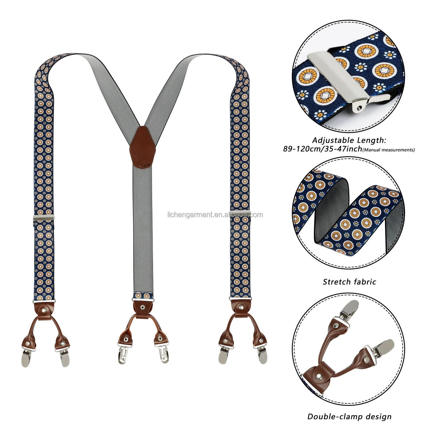 Direct Wholesale Solid Color 3.5cm Y Shape Mens Stylish Leather Suspenders With 6 Strong Clips