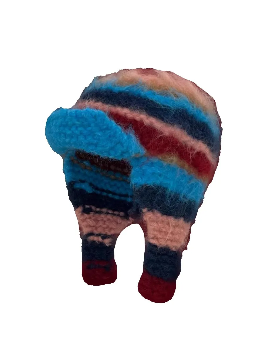 Striped Color block Knitted Beanies Cap Hand Knit Mohari Crochet Beanie Hat with Ear Flaps