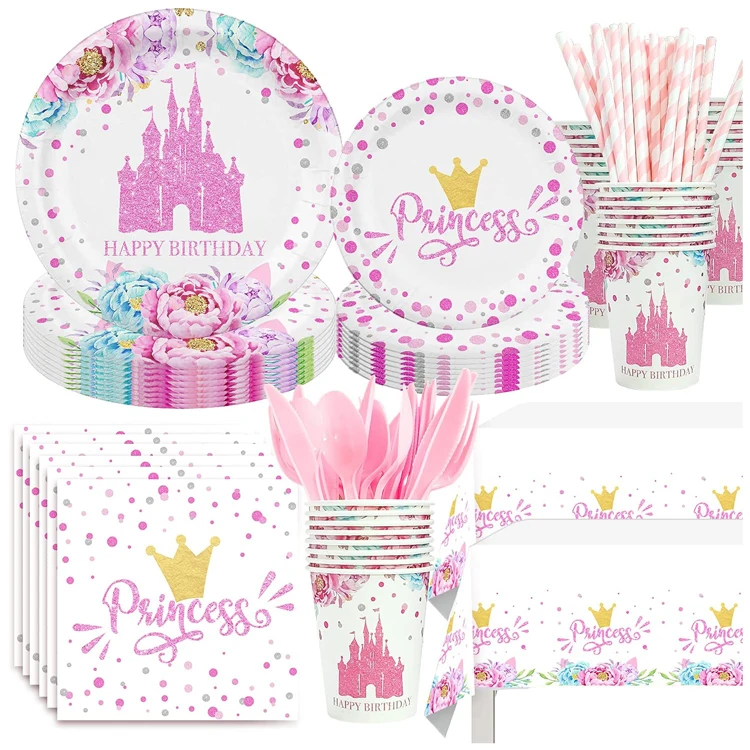 Princess Birthday Party Supplies Princess Party Decorations Tableware Set Include Plates Cups Napkins for Baby Shower Decoration