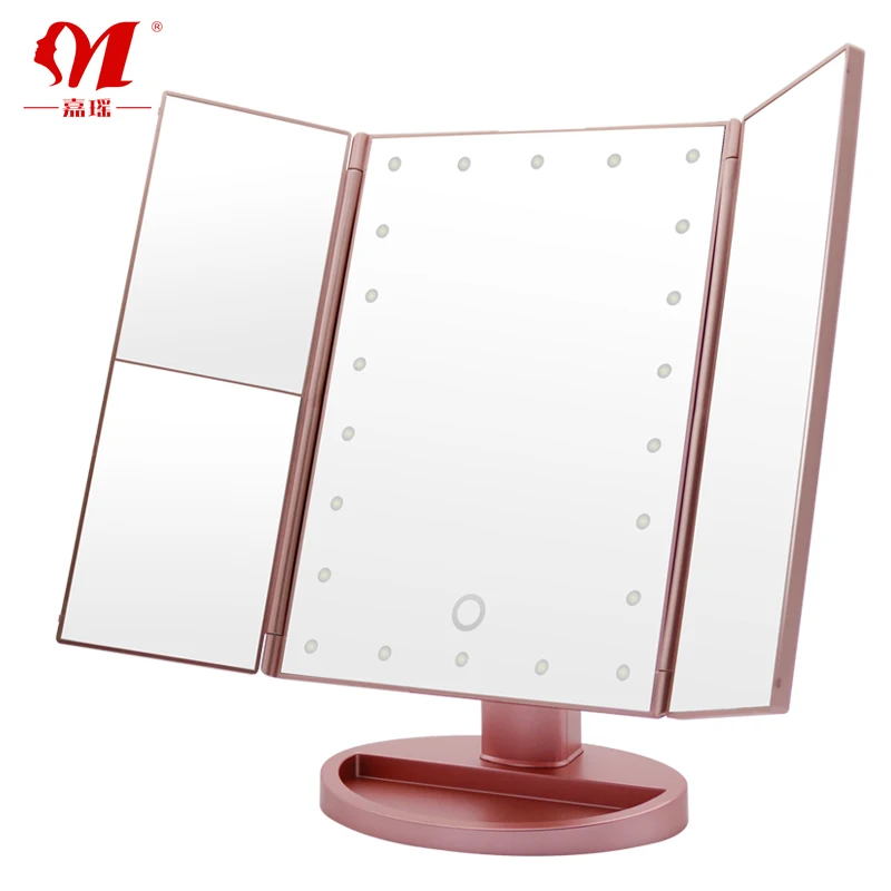 Espejos Con Luz Modern Custom 360 Foldable Room 3 Way Table Cosmetic Led Light Make Up Vanity Makeup Mirror With Led Lights