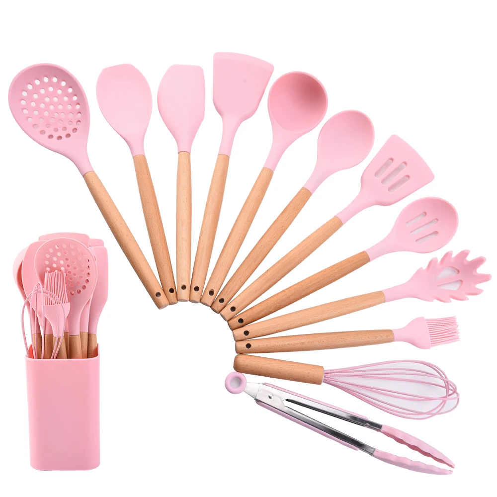 
Top selling high quality 13pcs silicone utensil set with beech wood handle with utensil holder 