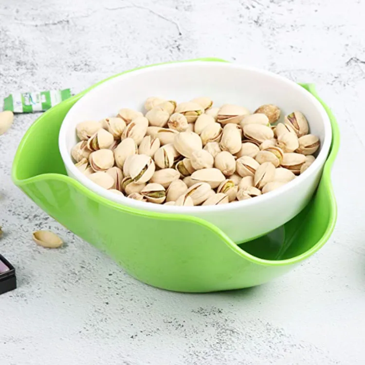 Melamine double dish pistachio nut bowl and snack serving bowl with shell storage