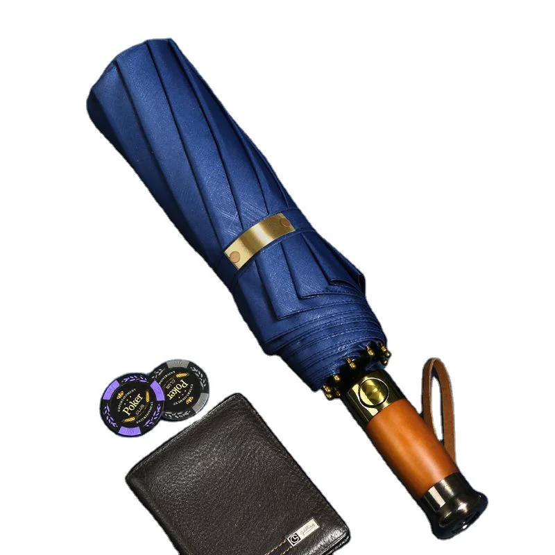 Custom printing waterproof wood handle three fold umbrella 3 fold automatic umbrellas logo brand