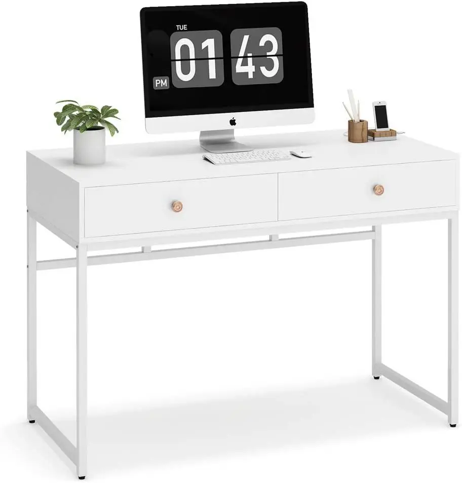 Home Office Wood Corner Metal Desktop Computer Desk with Two Drawers