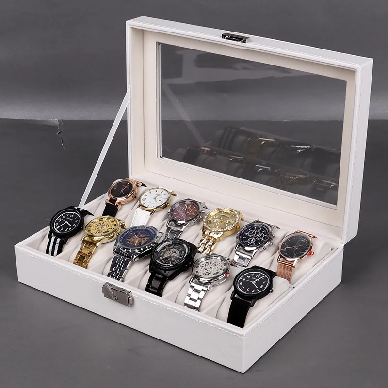 
12 Slots Oem luxury custom white pu leather watch storage display box ladies watch packaging gift box with pillow 