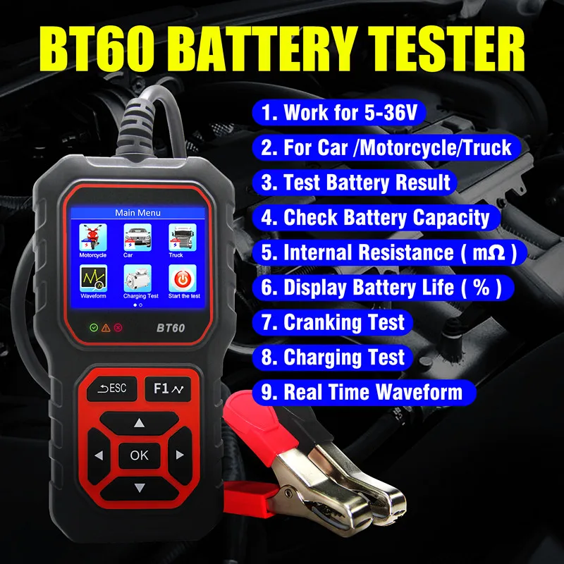 Acclope Car/Motorcycle/Truck Check Tool BT60 Battery Tester 6V-12V-24V SOH Plug And Play 11 Kinds Language SOC