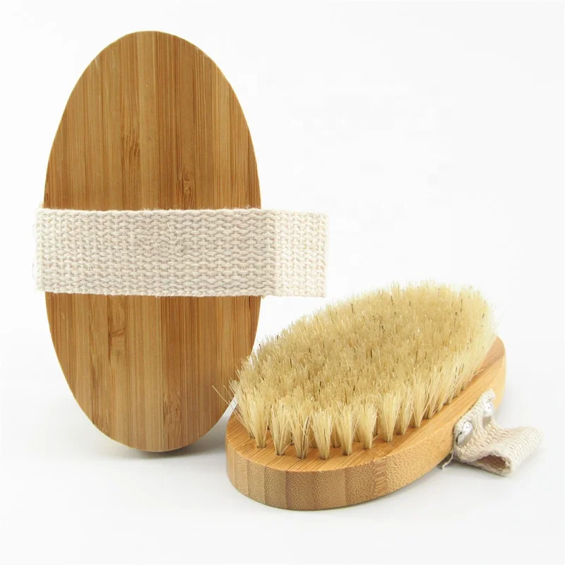 Natural EXFOLIATING Body Wooden Boar Bristle Pig Hair Bath Brush Scrub Skin Massage Shower Round Head Bamboo Massager