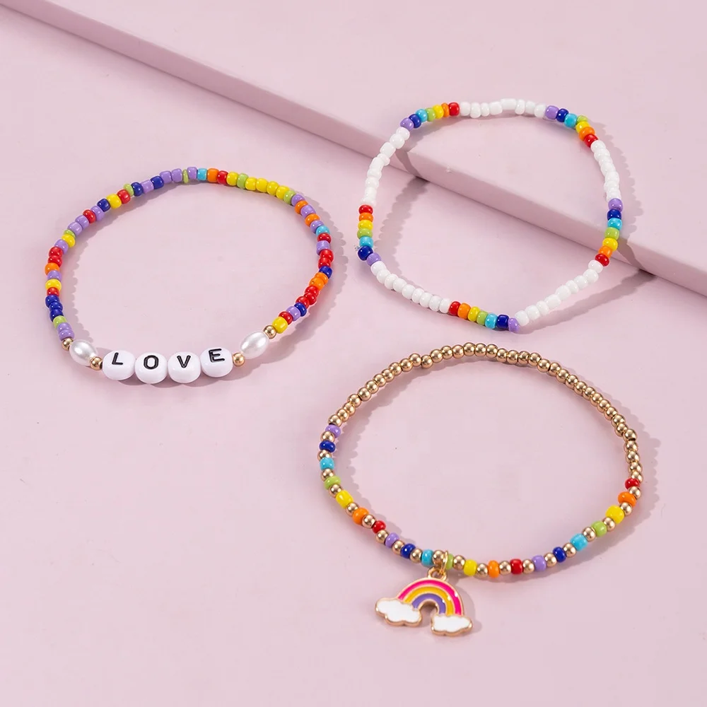 3pcs Wholesale Bohemia Hand Jewelry Metallic Alloy Elastic Rainbow Seed Beads Bracelet Diy Charm Bracelet