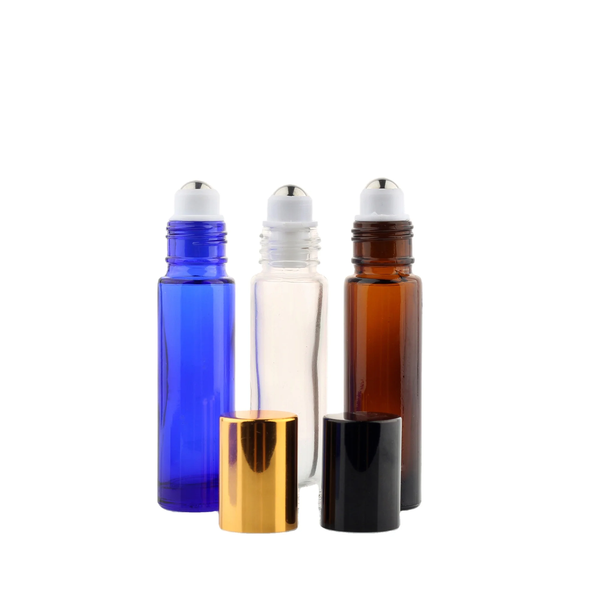 Stock 1/3 Oz Empty Transparent Amber Blue And Green 10 Ml Roll On Glass Bottles For Cosmetic Skin Care Packaging