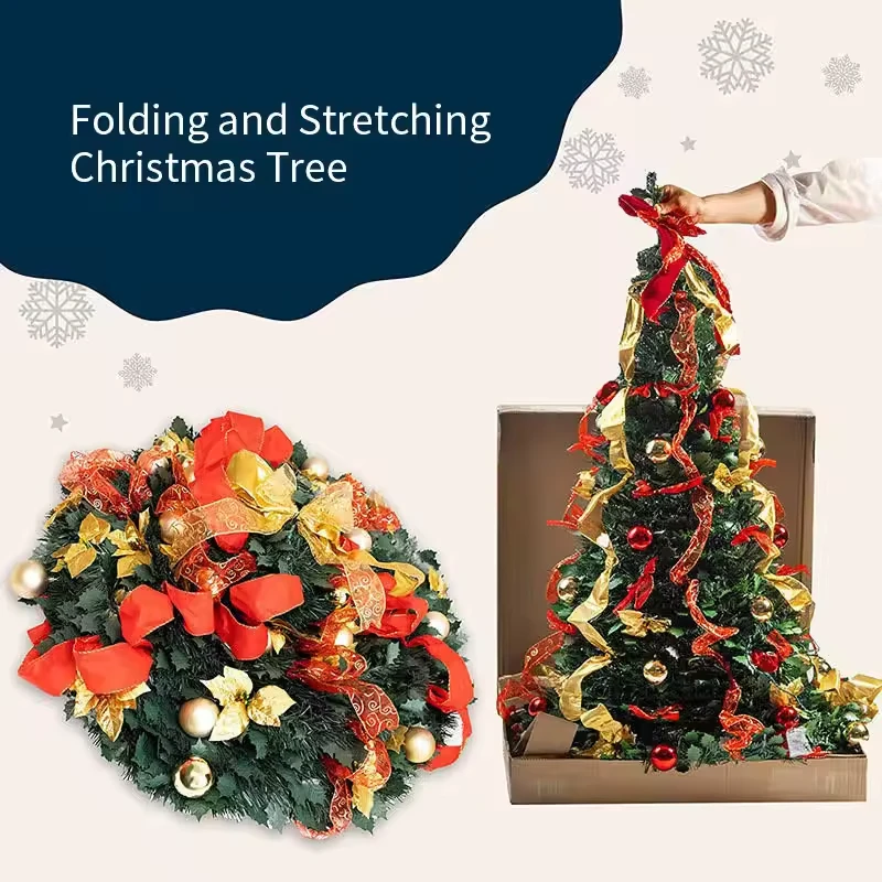 1.8m Christmas Tree Spiral Folding with Decorative LED Light Pop Up Christmas Tree Fully Decorated Retractable Christmas Tree
