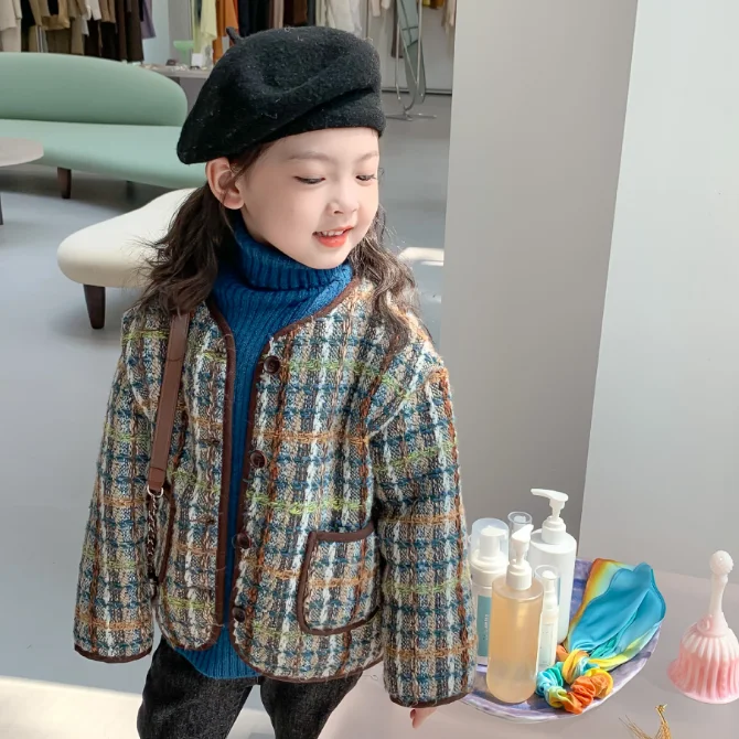 KS7175 Cute collarless girls fleece jacket 2021 winter Korean tweed jacket