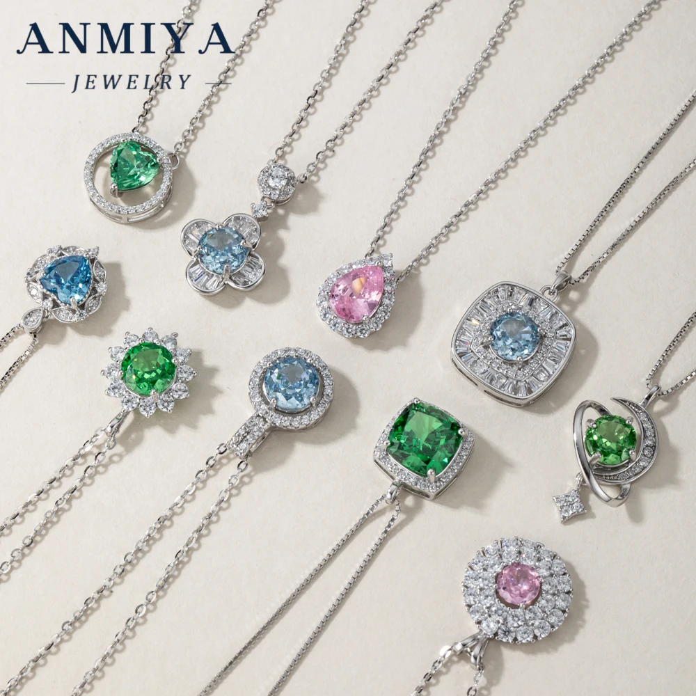 ANIMIYA ice heart cut shape round zircon green blue pink diamond 925 sterling silver fashion jewelry pendent necklaces