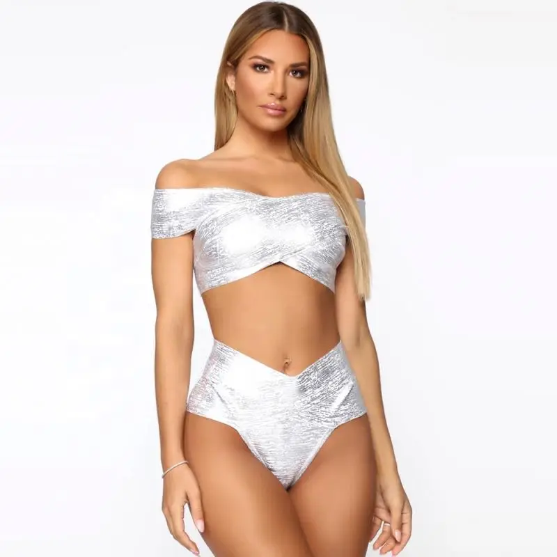 Wholesale high waist swimwear china silver color brazilian off shoulder design dropship bikini
