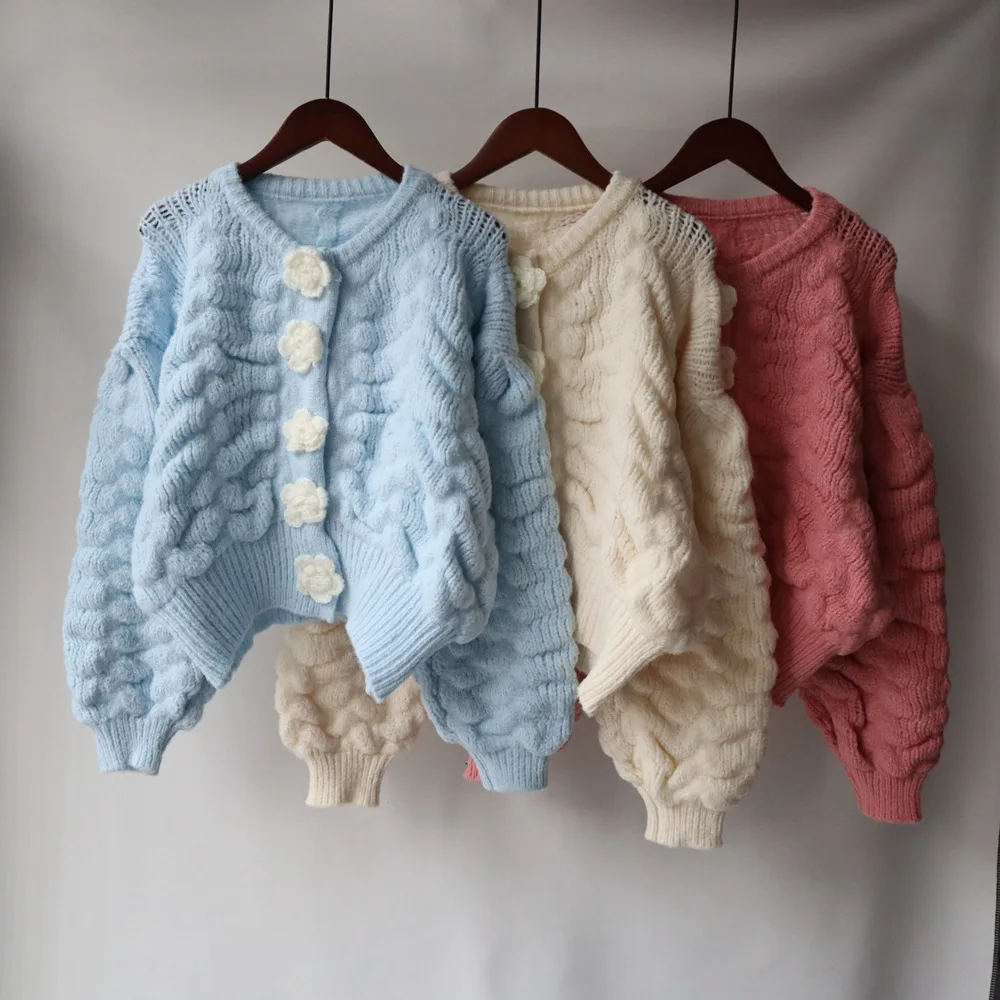 Sweet Cardigan Women 3d Flower Fleece Warm Knit Sweater Woman Autumn Winter Loose Cardigans