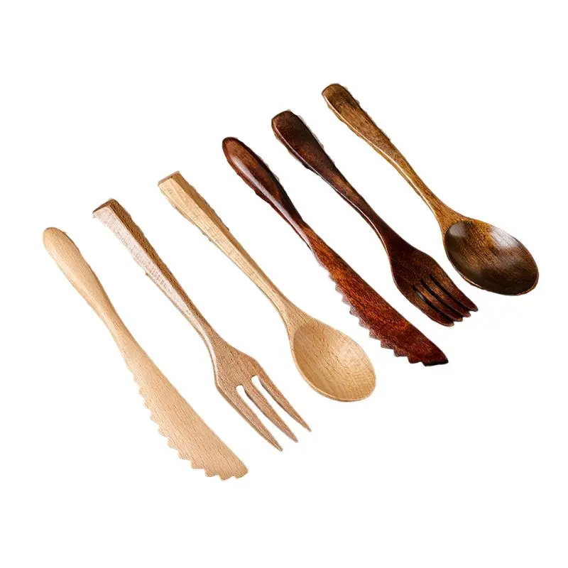In Stock Wholesale Wooden Tableware Knife Fork Spoon Wooden Spoon Small Fork Wood Dining Knife with Lettering