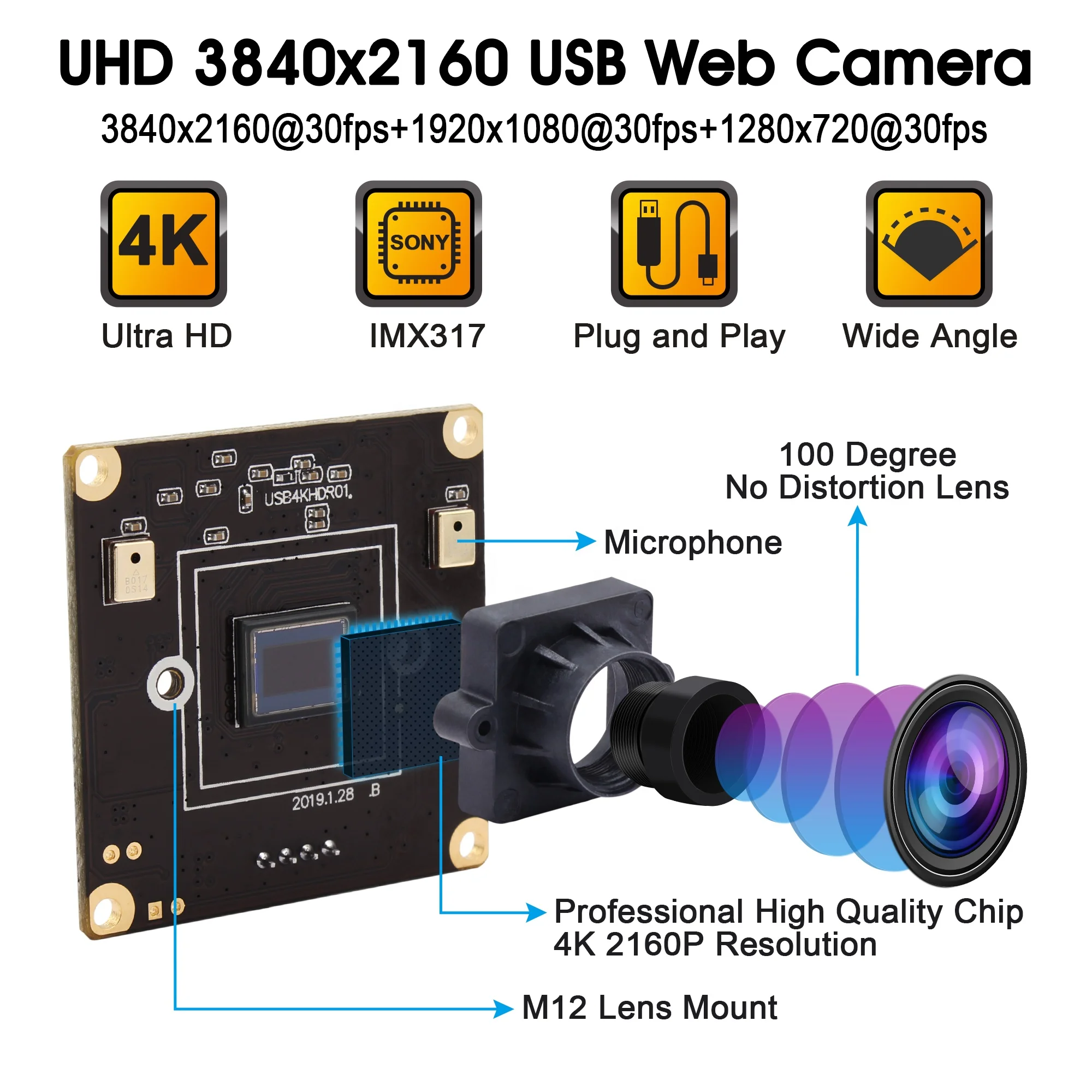  ELP 4K USB Camera with Microphone Ultra HD No Distortion Lens Module Sony Sensor Wide Angle