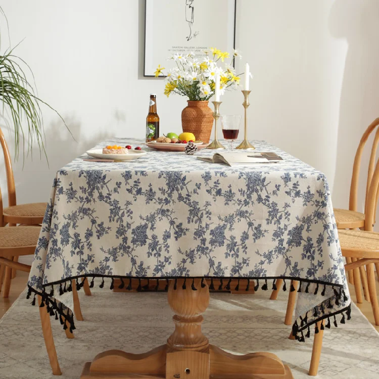 Fashionable Cotton Linen Tablecloths Blue Floral Pastoral Style Toile De Jouy Fabric For Slipcovers