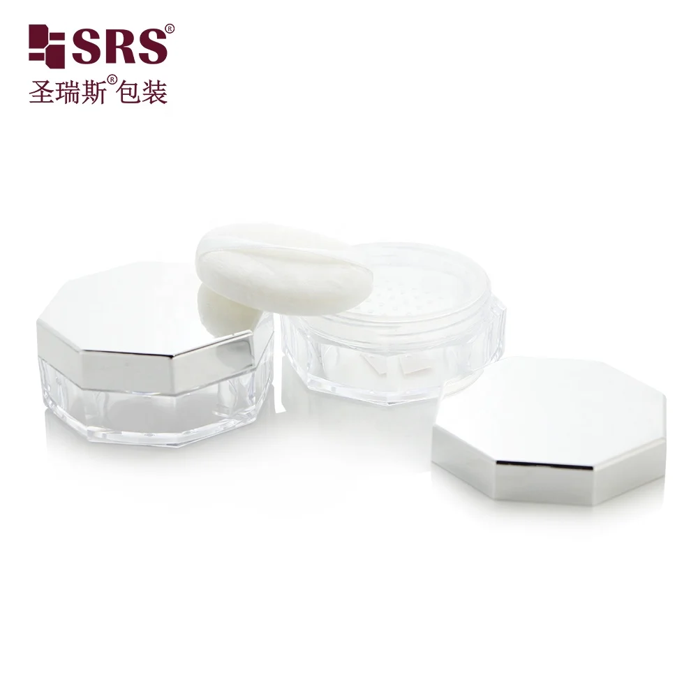 S029E-20g Wide Mouth Empty Plastic Loose Powder Jars with Puff For Make Up Setting Powder Octagon Shaped with Puff Silver Cap