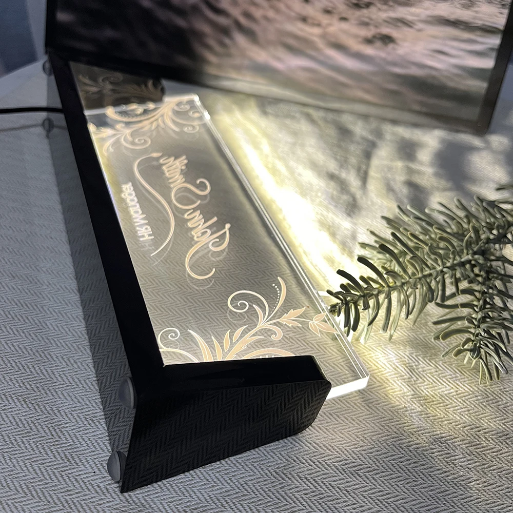 Personalized Lighted Acrylic Nameplate with LED Desk Name Plate with Wooden Base Office Gifts for Boss Coworker Desk Accessories