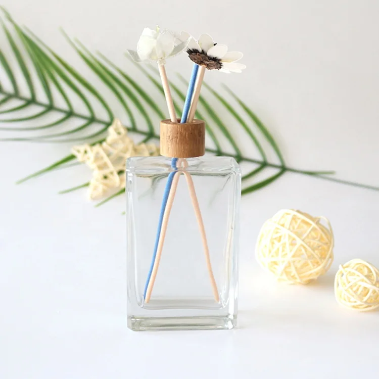 customized clear bamboo cap white fragrance square 100ml diffuser empty glass perfume bottle diffuser