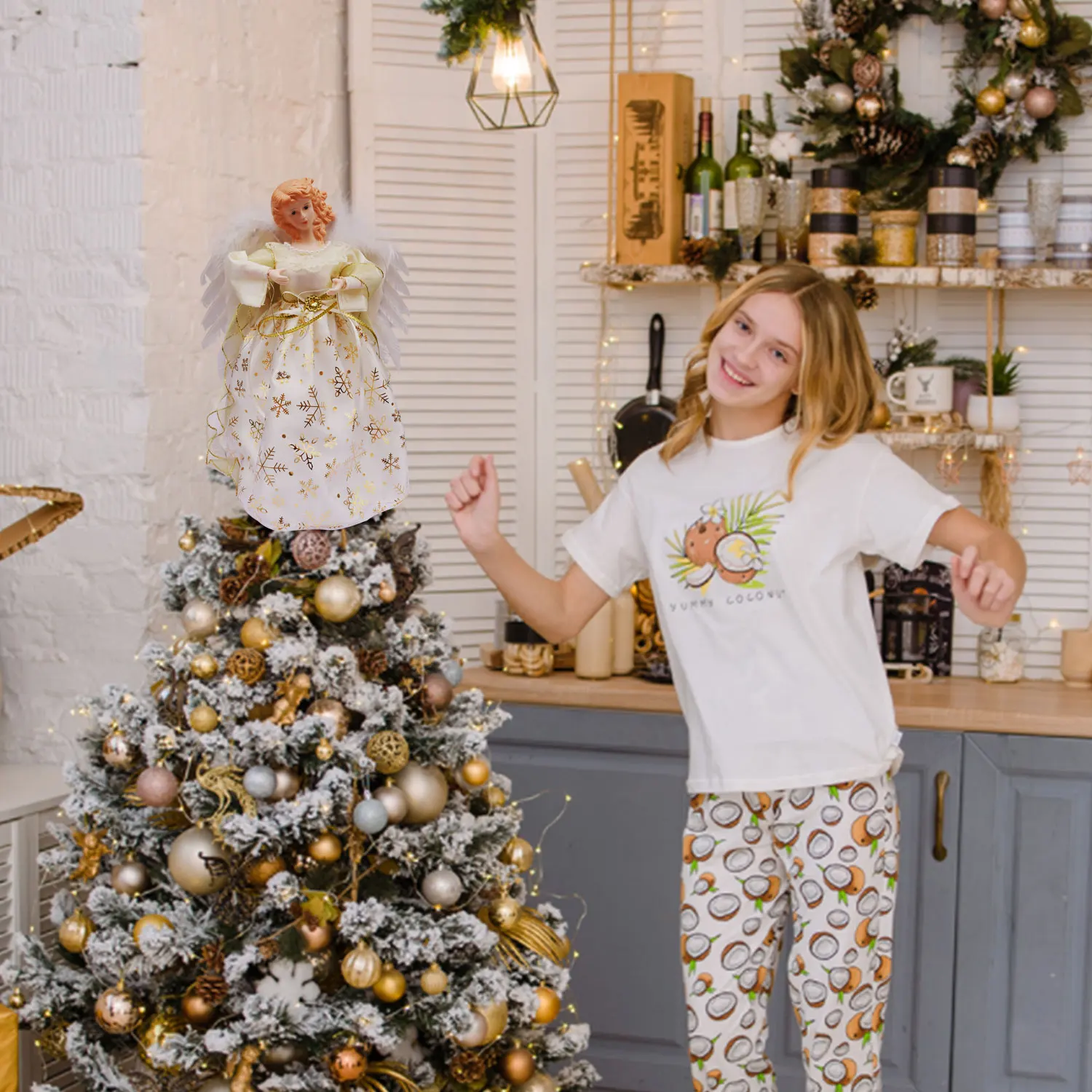 Elegant Christmas Tree Topper Angel With Real Feather Wing Christmas Tree Ornaments & Toppers