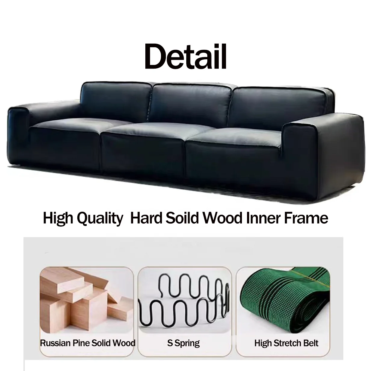 Living Room Furniture Modular Italian Black Leather Sofa Set Top Grain Real Cowhide Sectional Home Sofa for Three People