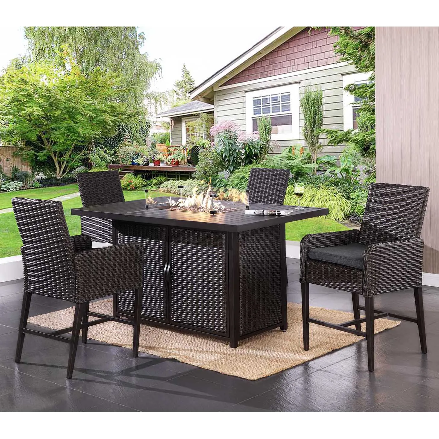 
5 Pieces Cushion Aluminum All Weather PE Rattan Wickers Patio Outdoor Garden Furniture Fire Pits Bar Table Set with ETL 