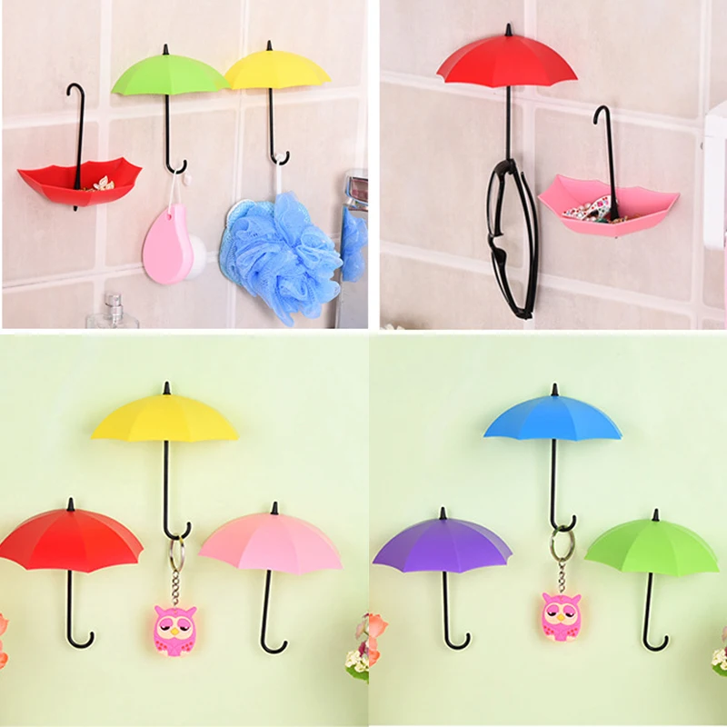 3Pcs/Set Umbrella Shaped Wall Hooks Creative Key Hanger Hook Cute Sticky Holder Decor Hook Kitchen Bathroom Bedroom Accessories