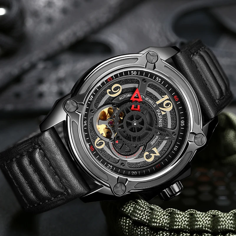 Parnis 44mm Skeleton Men Wristwatch Mechanical Watches Japan Miyota 82S5 PVD Coated Black Case Mechanic Military Pilot Watch