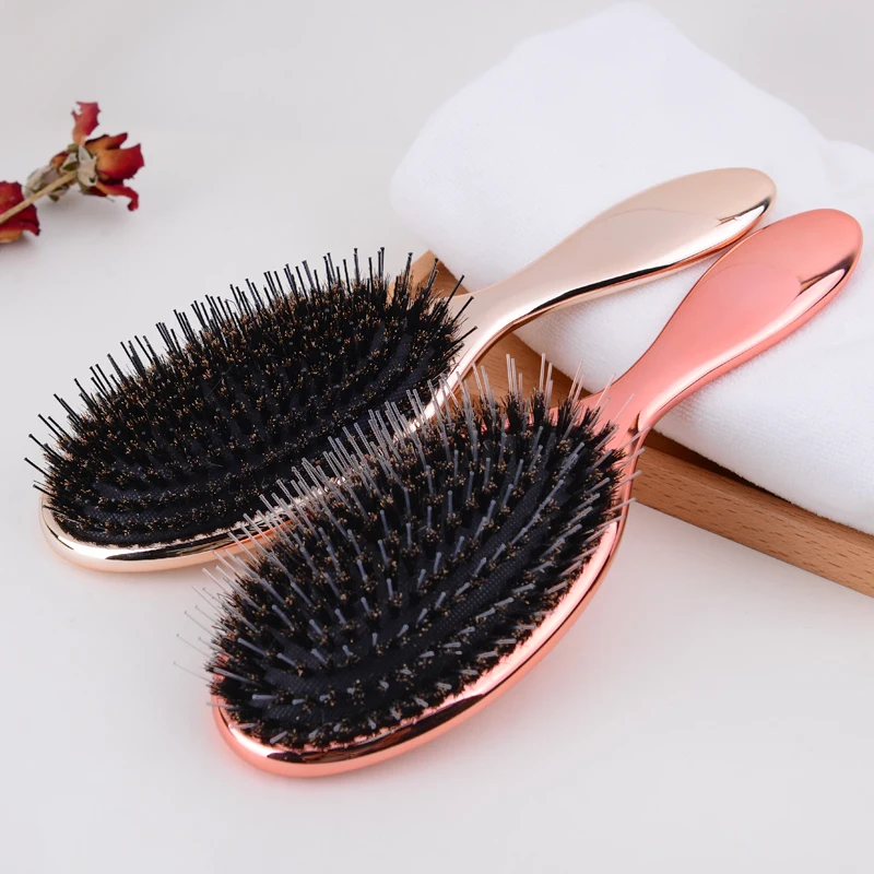 private label plastic electroplating boar bristle rose gold hair brush set