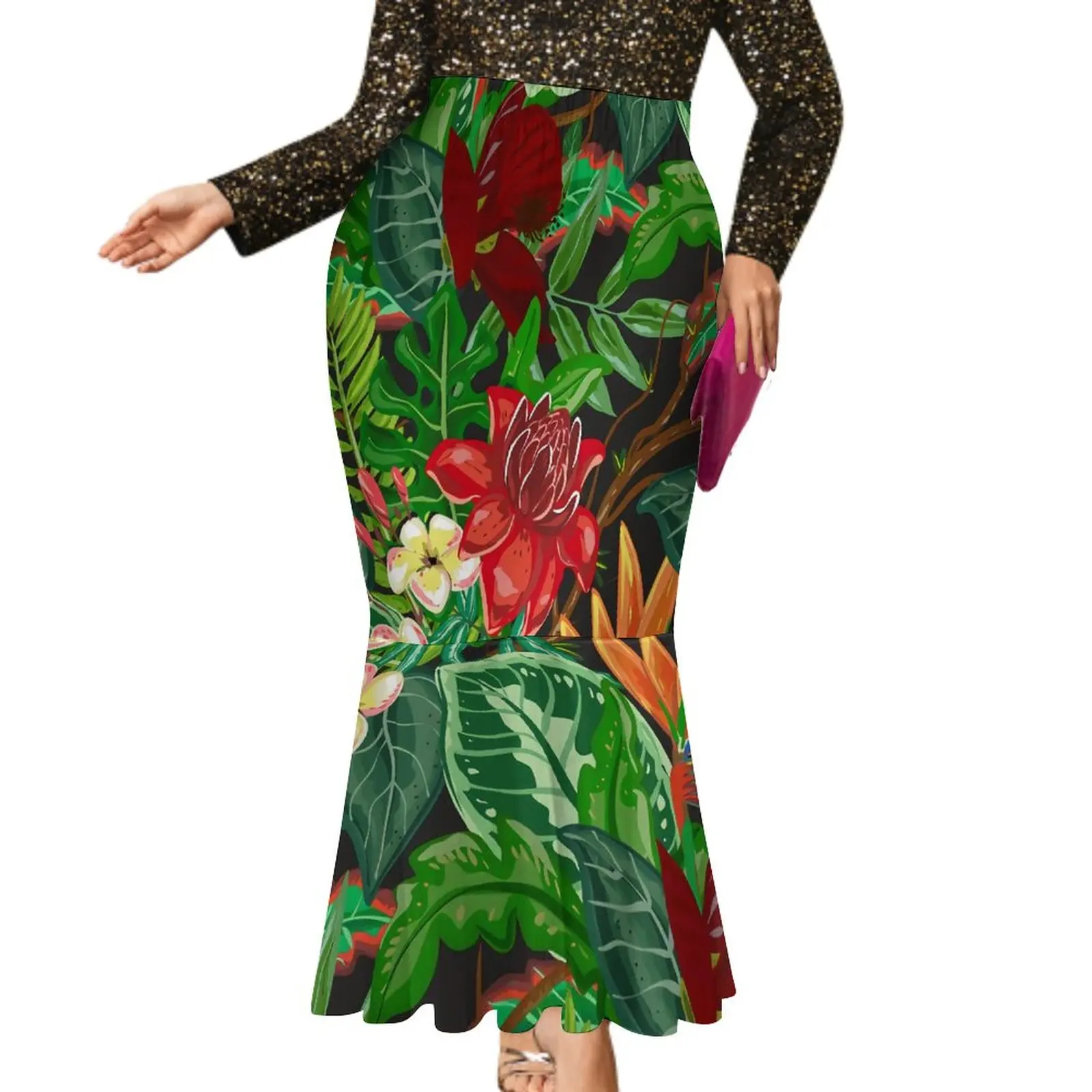 Pacific Island Art All-Match Tall Waist Fishtail Skirt Polynesian Flowers  Sublimation Print Tall Waist Fish Tail Skirt Cheap