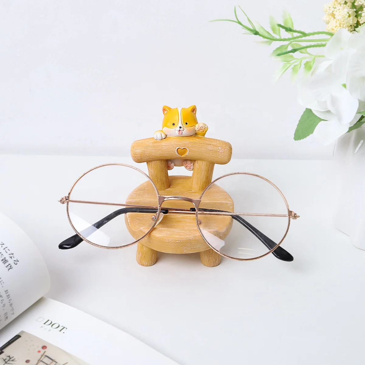 Cartoon Kitten Puppy Stool Cell Phone Stand Desktop Chair Mini Compact Micro Landscape Resin Crafts Decorative Ornaments