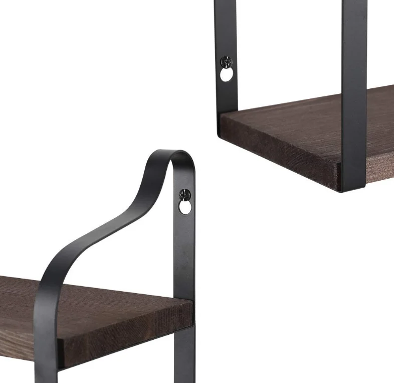 Living Room 2 Tier Wood Metal Storage Shelf Rustic Wall Mounted Bookshelf Floating Shelves